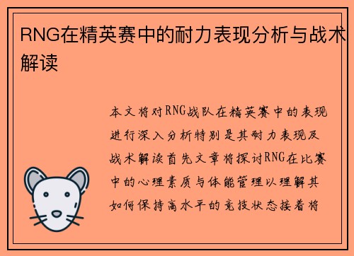 RNG在精英赛中的耐力表现分析与战术解读